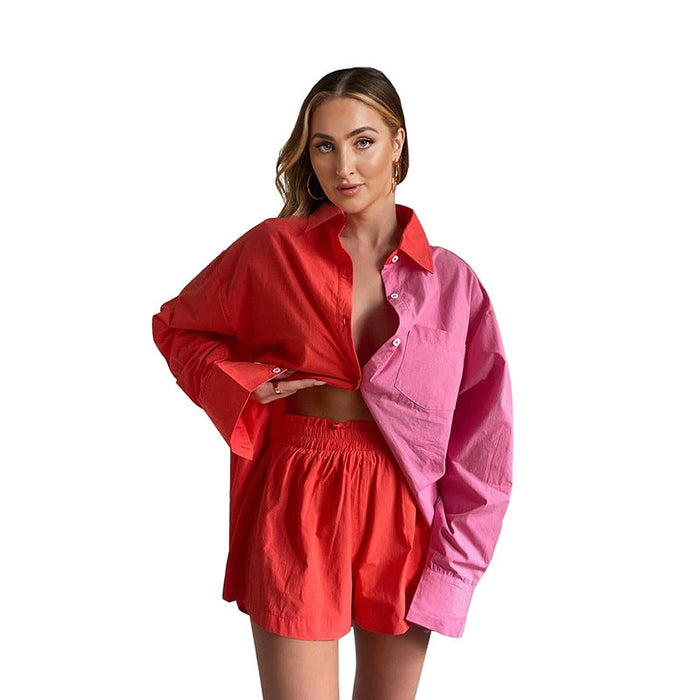 Color-Melon Red-Spring Summer Two-Piece Set Solid Color Stitching Single-Breasted Long Sleeve Collared Shirt Shorts Loose Casual Suit-Fancey Boutique