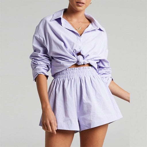 Color-Lavender-Spring Summer Two Piece Set Solid Color Single Breasted Long Sleeve Collared Shirt Shorts Loose Casual Set-Fancey Boutique