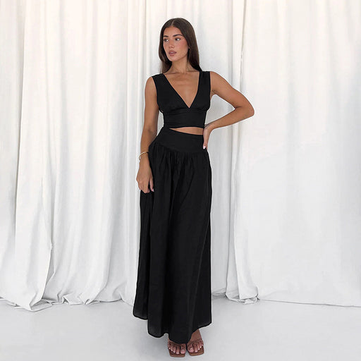 Color-Summer Women Sexy Backless Black Vest High Waist A line Dress Two Piece Set Women-Fancey Boutique