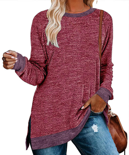 Color-Red-Women Clothing Long Sleeve round Neck Multicolor Split Top Loose Casual Pullover T-shirt-Fancey Boutique