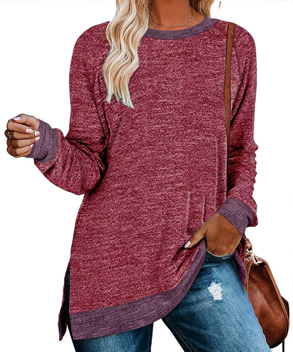 Color-Red-Women Clothing Long Sleeve round Neck Multicolor Split Top Loose Casual Pullover T-shirt-Fancey Boutique