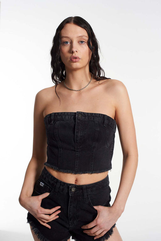 Color-Black-Slim Denim Tube Top Women-Fancey Boutique