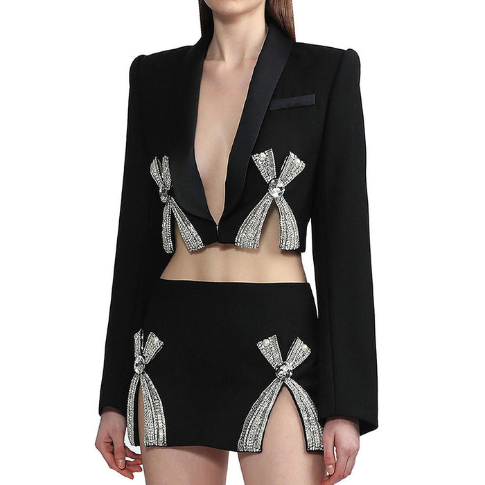 Color-Black-Autumn Winter Diamond Set Sexy Deep V Plunge Blazer Collar Coat Mini Skirt Two Piece Set-Fancey Boutique
