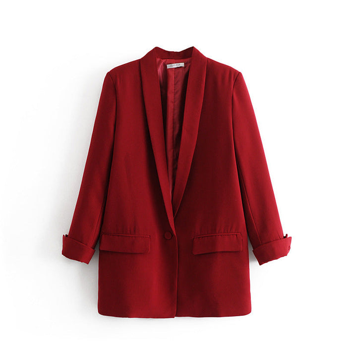 Color-Cherry Red-Women Clothing Early Spring One Button Cuff Curling Loose Blazer Women-Fancey Boutique