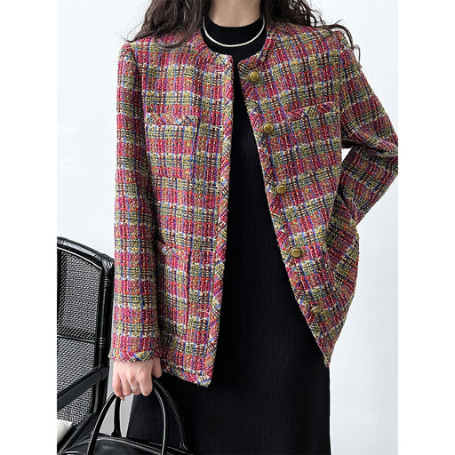 Color-Multi-High Grade Old Money Wine Red Contrast Color Check Woven Chanel Coat Women Swing Gold Top-Fancey Boutique
