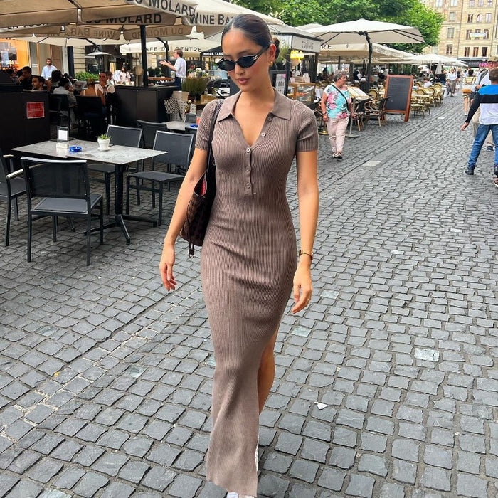 Color-Summer Women Clothing Collared Single Breasted Split Slim Fit Slim Sheath Dress Women-Fancey Boutique