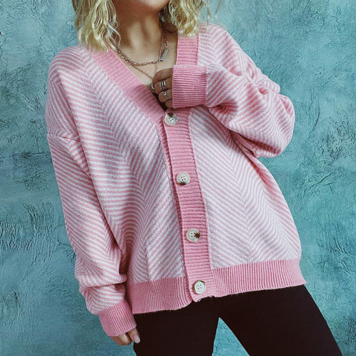 Color-Pink-Autumn Winter Casual Contrast Color Diagonal Stripe Single Breasted V neck Long Sleeve Sweater Cardigan Coat Women-Fancey Boutique