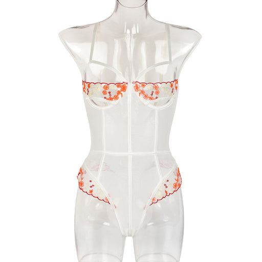 Color-White-Sexy Jumpsuit Popular Embroidery Lace Mesh Stitching Sexy Lingerie with Steel Ring-Fancey Boutique