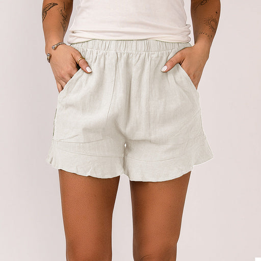 Color-Solid Color Loose Pockets Casual Pants Summer Ruffled Hem Short Shorts Women-Fancey Boutique