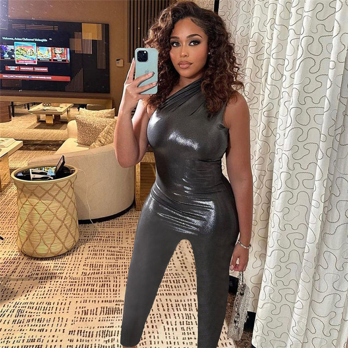 Color-Metallic Coated Fabric Spring Summer Sleeveless Waist Slimming Hip Lifting Women Jumpsuit Trousers Women Club Wear-Fancey Boutique