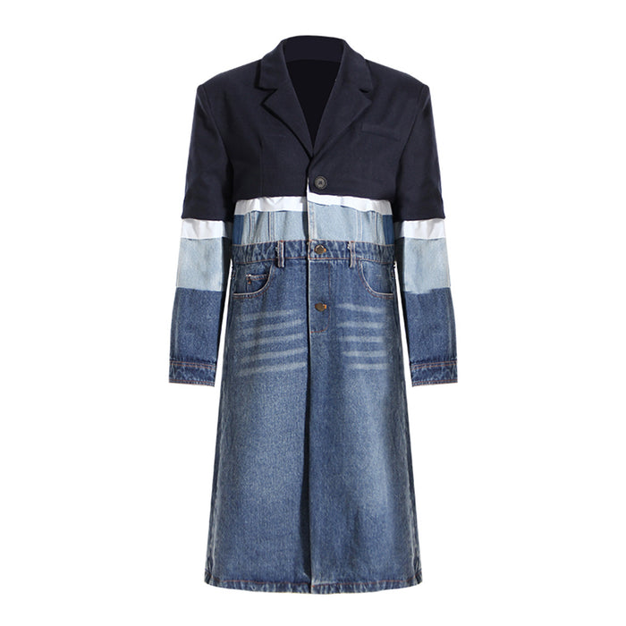 Color-Niche Design Denim Trench Coat for Women Autumn Winter Contrast Color Splicing Coat Women Mid Length Petite Coats Tide-Fancey Boutique