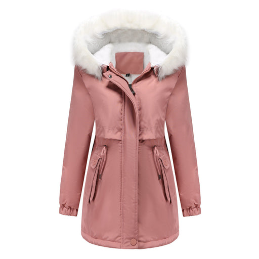 Color-Pink-Women Winter Velvet Cotton Clothes Women Hooded Detachable Fur Collar Long Sleeve Parka-Fancey Boutique