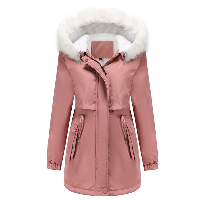 Color-Pink-Women Winter Velvet Cotton Clothes Women Hooded Detachable Fur Collar Long Sleeve Parka-Fancey Boutique