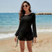 Color-Black-Sexy Hollow Out Cutout Knitted Long Sleeve Sun Protection Overshirt Beach Jacket Head Beach Cover Up Swimsuit Outwear Women-Fancey Boutique
