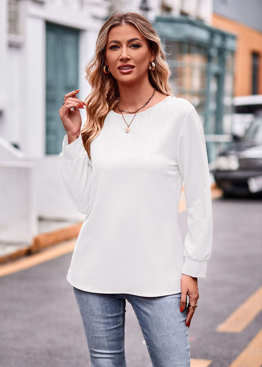 Color-White-Autumn Women Clothing Solid Color Double Line Jacquard T shirt Long Sleeve Top-Fancey Boutique