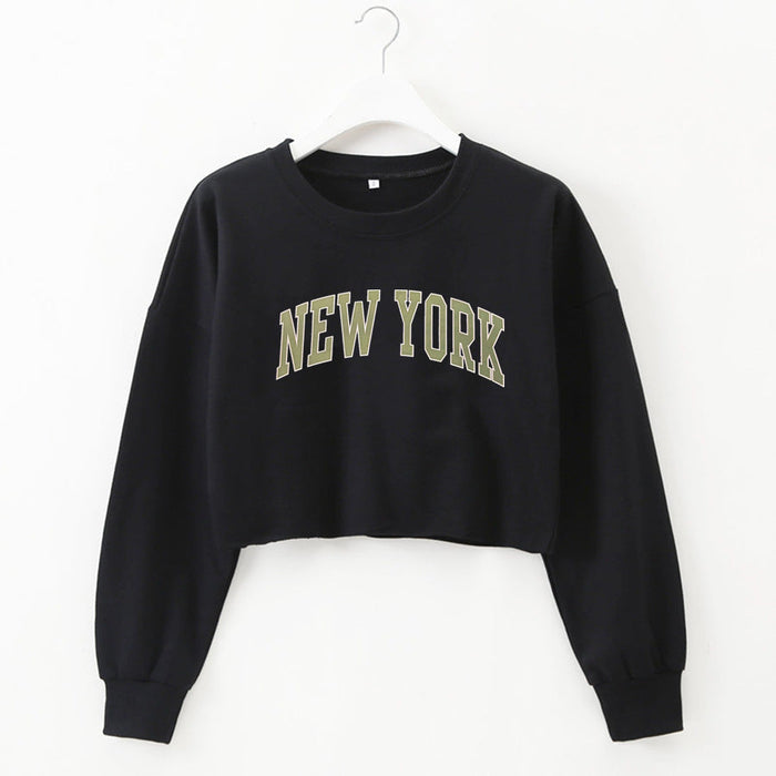 Color-Black-Women Clothing Autumn Winter York Letter Graphic Printing Short Loose Long Sleeves Sweater-Fancey Boutique
