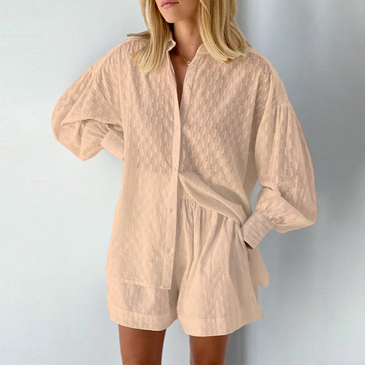 Color-Khaki-Summer French White Jacquard Cotton Puff Sleeve Casual Shorts Suit Ladies Homewear Cool Pajamas-Fancey Boutique