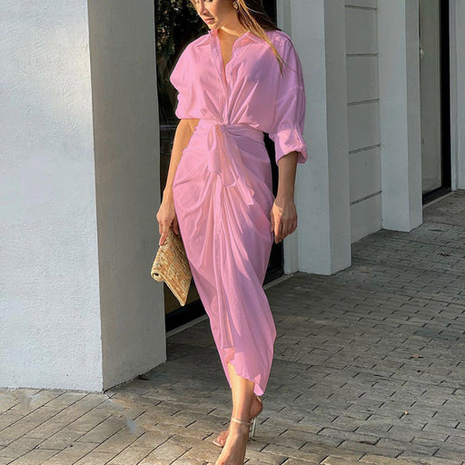 Color-Pink-Women Clothing Summer Solid Color Sexy MiuMiu Bag Arm Cardigan Shirt Dress-Fancey Boutique