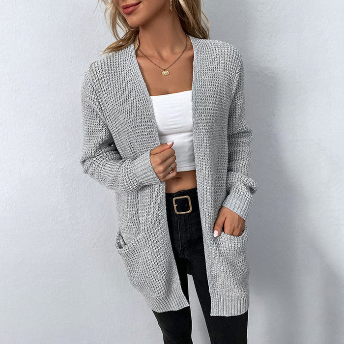 Color-Autumn Winter Women Knitted Sweater Solid Color Pocket Sweater Women Cardigan Coat-Fancey Boutique
