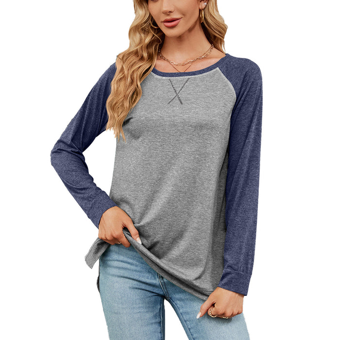 Color-Light Gray with Dark Blue Sleeve-Autumn Winter round Neck Contrast Color Loose Long-Sleeved T-shirt Split Top Women-Fancey Boutique