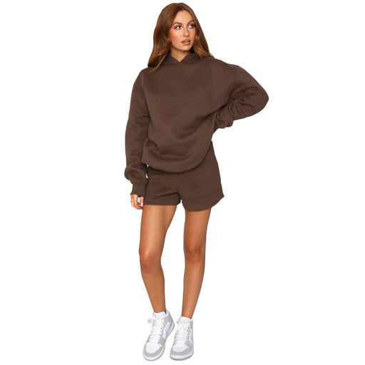 Color-Coffee-Autumn Winter Solid Color Hooded Pullover Long Sleeve Sweaters Women Clothing Shorts Suit-Fancey Boutique