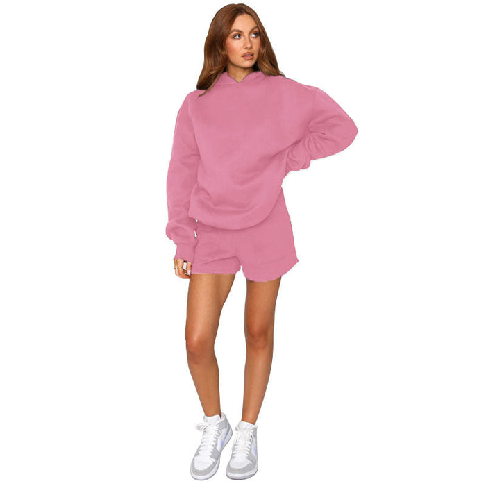 Color-Pink-Autumn Winter Solid Color Hooded Pullover Long Sleeve Sweaters Women Clothing Shorts Suit-Fancey Boutique