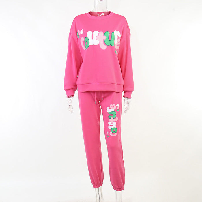 Color-Pink-Knitted Printed Sweatshirt Sweatpants Two Piece Winter Women Clothing Casual Trend Suit-Fancey Boutique