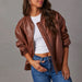 Color-Autumn Winter Faux Leather Varsity Jacket Jacket Long Sleeved Motorcycle Jacket Leather Coat Coat Women-Fancey Boutique