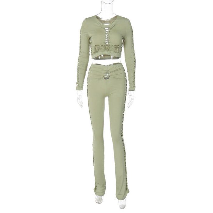 Color-Green-Women Clothing Autumn Sexy round Neck Long Sleeve Top Hollow Out Cutout Slim Trousers Set-Fancey Boutique