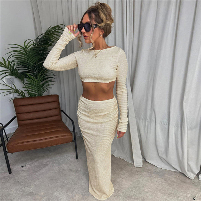Color-Summer Women round Neck Long Sleeves Cropped T shirt Slim Sheath Skirt Set-Fancey Boutique