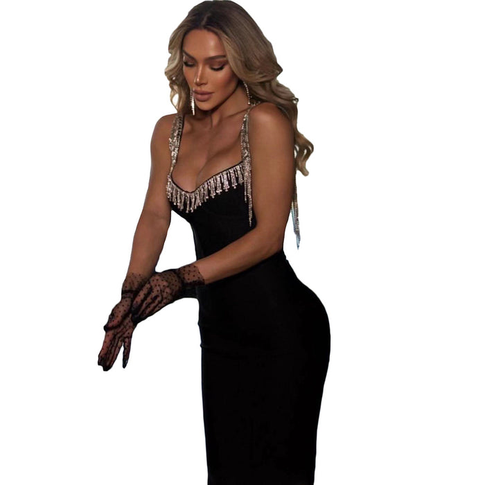 Color-Black-Women Clothing Sexy Sling Bandage Dress Diamond Tassel Elastic Hip Party Dress Dress-Fancey Boutique