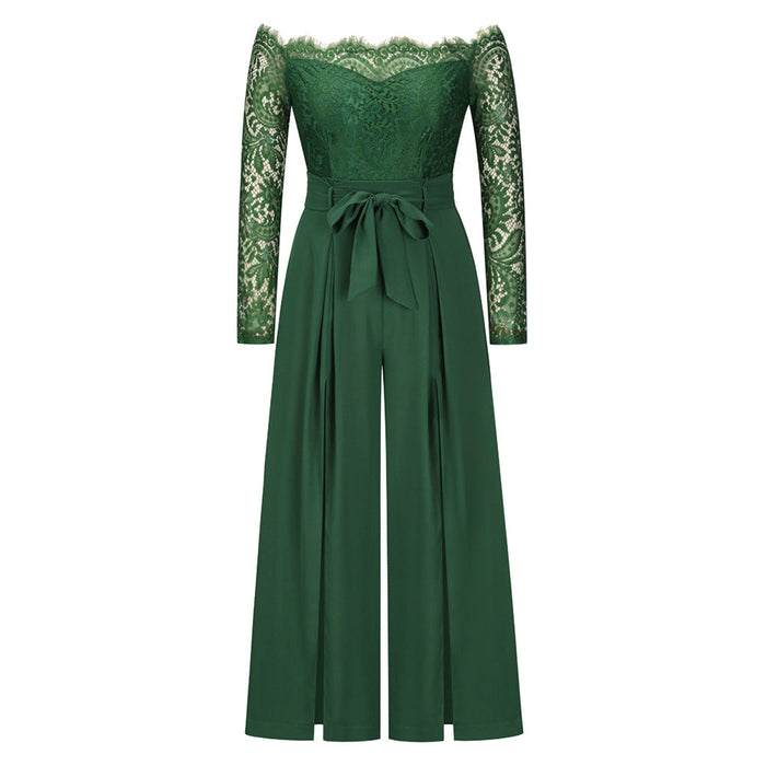 Color-Green-Autumn Women Sexy Lace Long Sleeve off the Shoulder Large Swing Belt One Piece Culotte plus Size-Fancey Boutique