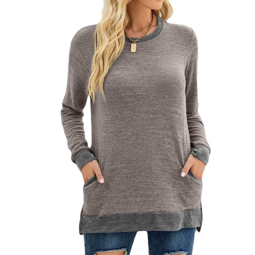 Color-Coffee-Women Clothing round Neck Multicolor Pocket Long Sleeve Pullover Top Loose-Fitting Casual T-shirt-Fancey Boutique