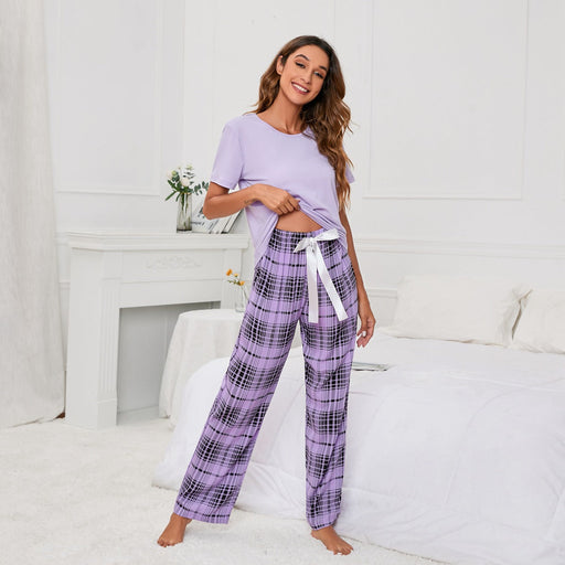 Color-Purple-Solid Color round Neck T Printed Checks Women Casual Suit Homewear Pajamas Women-Fancey Boutique