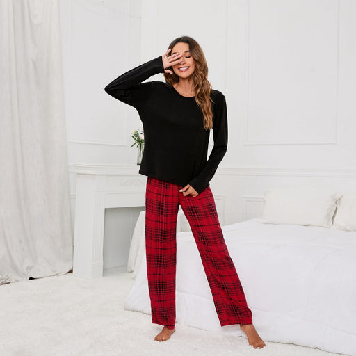 Color-Solid Color round Neck T Printed Checks Women Casual Suit Homewear Pajamas Women-Fancey Boutique