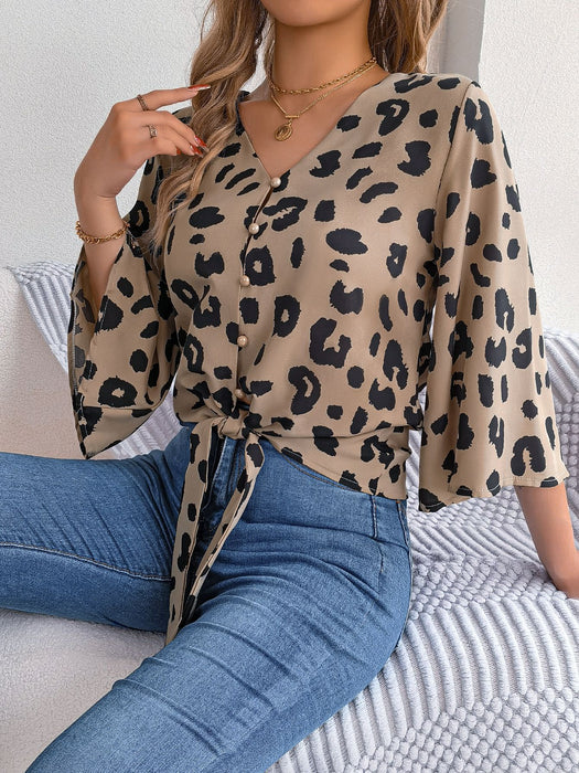 Color-Spring Summer Casual Leopard Print Self Tie Chiffon Shirt Top Women Clothing-Fancey Boutique