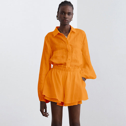 Color-Orange-Summer Cotton Linen Women Long Sleeve Blouse Ruffled Shorts Two Piece Casual Fashion White Suit-Fancey Boutique