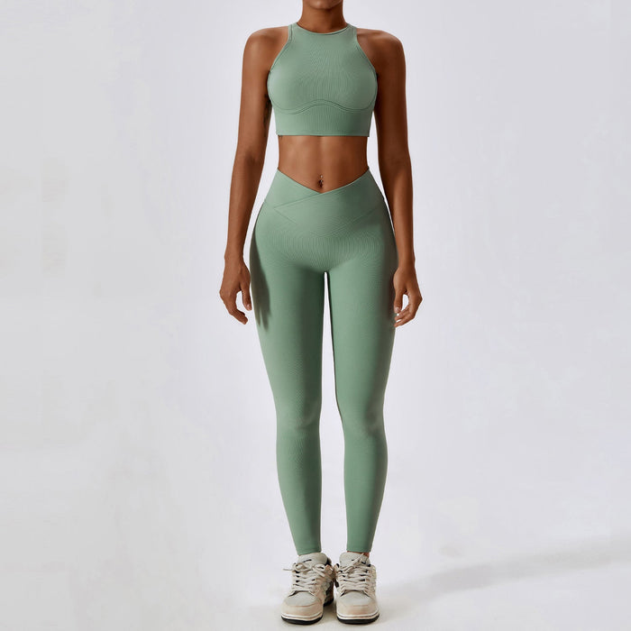 Color-'-2 Bra Trousers Basil Green-Thread Abdominal Shaping High Waist Beauty Back Yoga Suit Quick Drying Push up Hip Raise Skinny Workout Exercise Outfit-Fancey Boutique