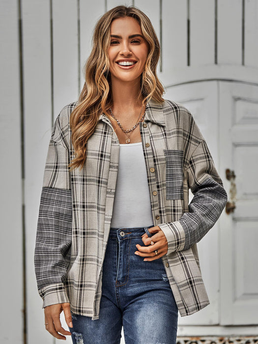 Color-Autumn Winter Casual Women Clothing Single Breasted Plaid Stitching Shirt Women-Fancey Boutique