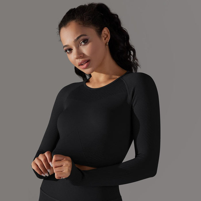 Color-Black-Seamless Knitted Solid Color Striped Tight Top Fitness Exercise Running Yoga Clothes Moisture Absorption Body Shaping Long Sleeve Women-Fancey Boutique