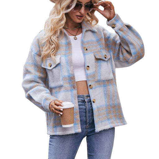 Color-Light Blue-Autumn Winter Women's Plaid Mohair Short Woolen Thick Coat-Fancey Boutique