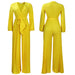 Color-Yellow-Summer V neck Sexy Lace up Pleated Wide Leg Jumpsuit-Fancey Boutique