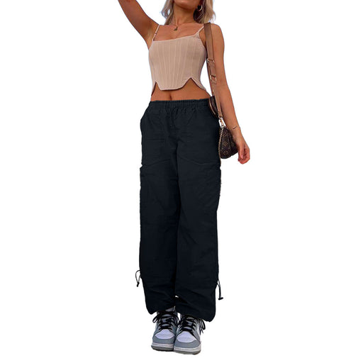Color-Black-Women Clothing Loose Tied Multi Bag Straight Stretch Workwear Casual Pants-Fancey Boutique