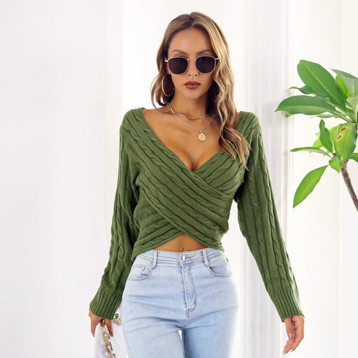 Color-Women Clothing Autumn Winter Street Criss Cross V neck Twist Long Sleeve Pullover cropped Sweater-Fancey Boutique
