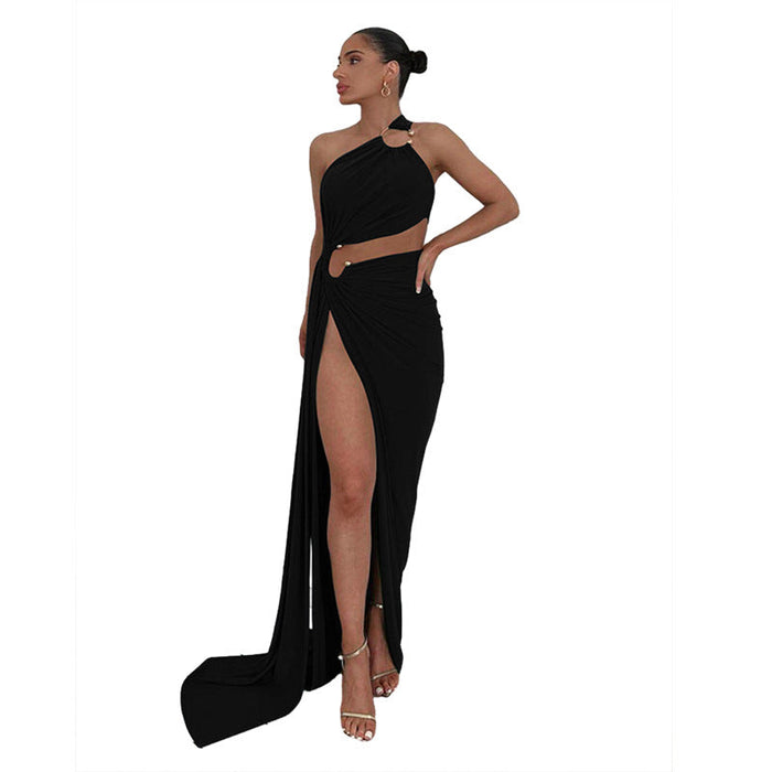 Color-Fall Women Clothing Oblique Shoulder Sexy Cutout Design Evening Dress-Fancey Boutique