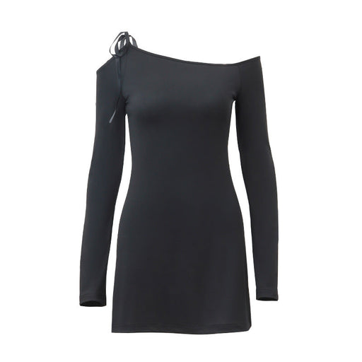 Color-Black-Fall Women Clothing Sexy Diagonal Collar Cold Shoulder Elegant Stitching Tied Long Sleeve Dress-Fancey Boutique