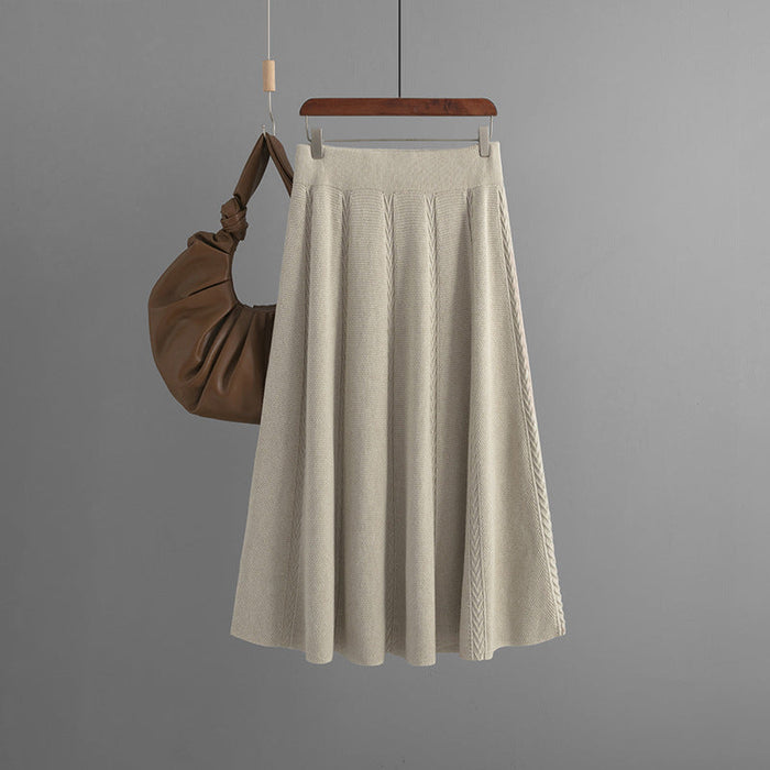 Color-Khaki-Mid Length Autumn Winter Draping Effect A line Khaki Knitted Skirt Women Winter Sweater-Fancey Boutique