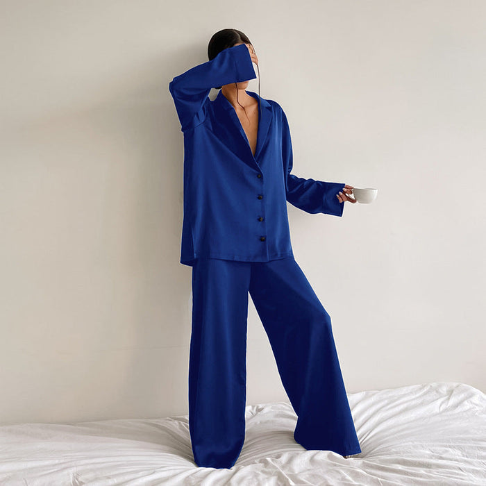 Color-Blue-Spring Summer Blue Thin Women Home Silk-like Solid Color Pajamas Ice Silk Loose Can Be Worn outside-Fancey Boutique