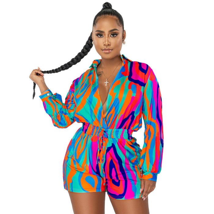 Color-Women Clothing Fall Winter Printed Shirt Collar Casual Jumpsuit-Fancey Boutique