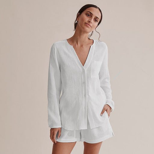 Color-Autumn New White Long-Sleeved Air Conditioning Room Clothing Cotton Crepe Shorts Suit Pajamas Women Skin-Friendly Ladies Homewear-Fancey Boutique